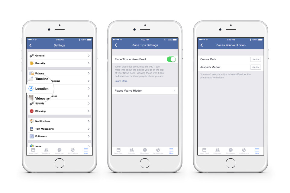 iPhone用Facebookアプリの設定>Place Tipsの設定変更