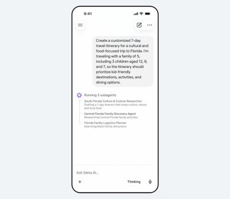 Meta AI 앱에서 여행 계획 요청에 여러 작업을 나눠 답하는 공식 시연 화면