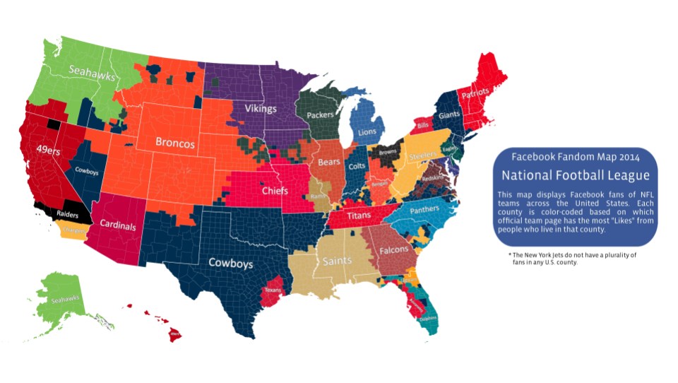 The 2014 NFL season is here, and the Facebook data team is taking a look at fandom for all 32 teams. Today we’re releasing a map that shows where football fans live based on which NFL team they “Like” on Facebook. Each county is color-coded based on which official NFL team page has the most Facebook “Likes" by people who live in that county.