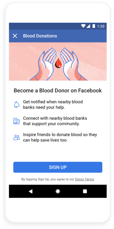 FB donor sign up page