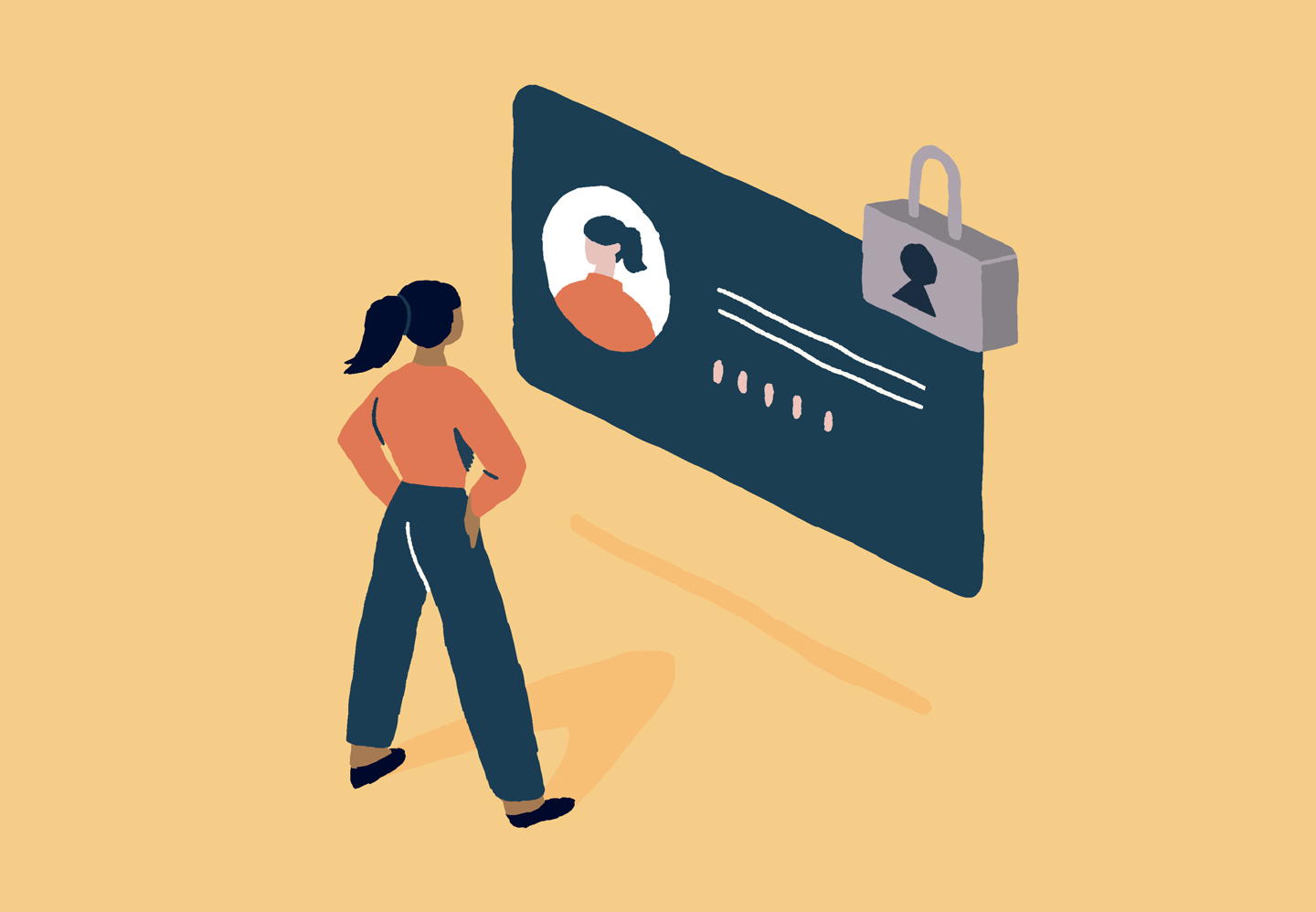 Illustration of woman and credit card with lock for privacy