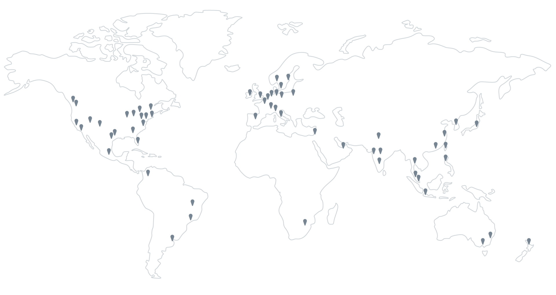 simple gray outline world map with gray location pins for company locations