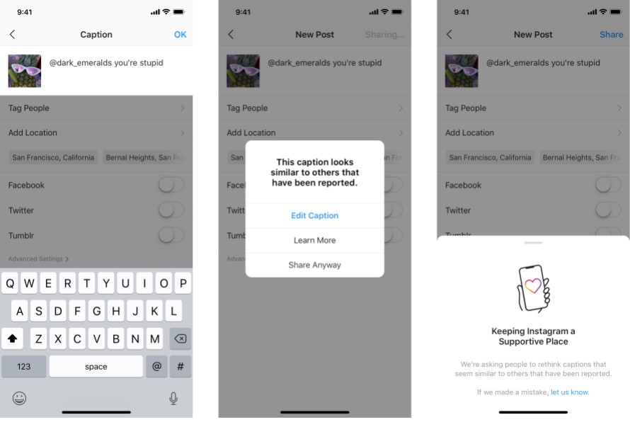 Three screenshots showing caption warning on Instagram