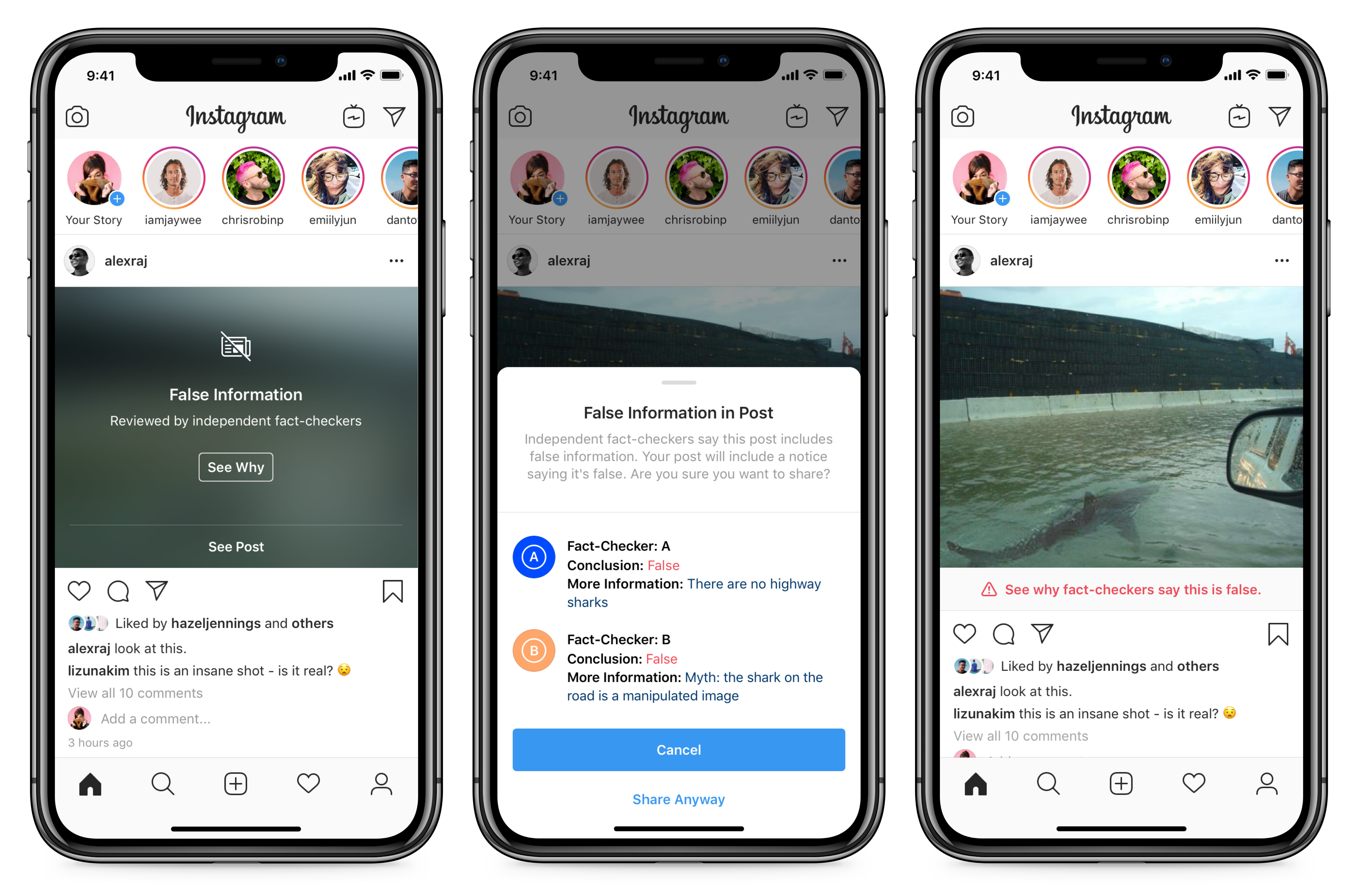 Three screenshots of misinformation treatments on Instagram