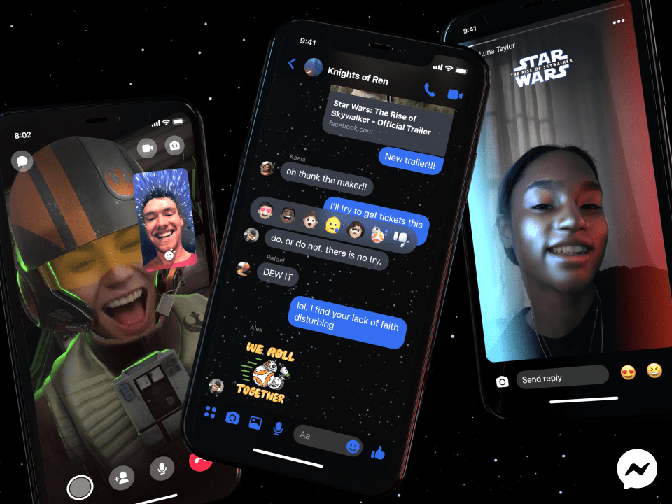 Phone screens showing Star Wars AR effects, chat theme and stickers in Messenger.
