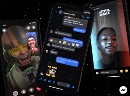 Phone screens showing Star Wars AR effects, chat theme and stickers in Messenger.