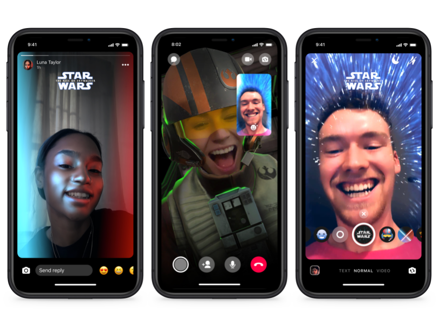 Phone screens showing Star Wars AR effects in Messenger