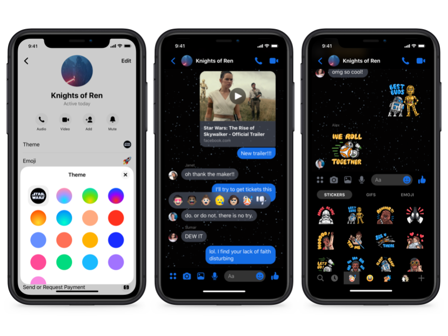 Phone screens showing Star Wars Messenger chat theme.