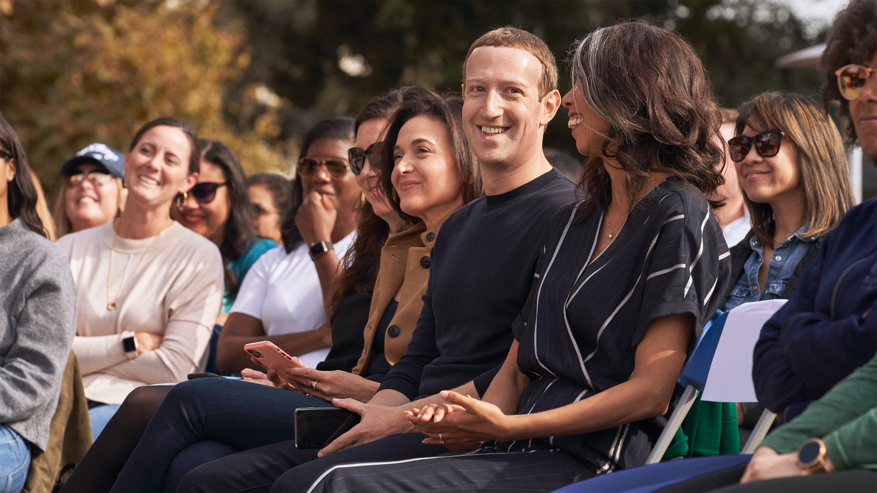 Mark Zuckerberg, Sheryl Sandberg and Facebook employees at company All Hands
