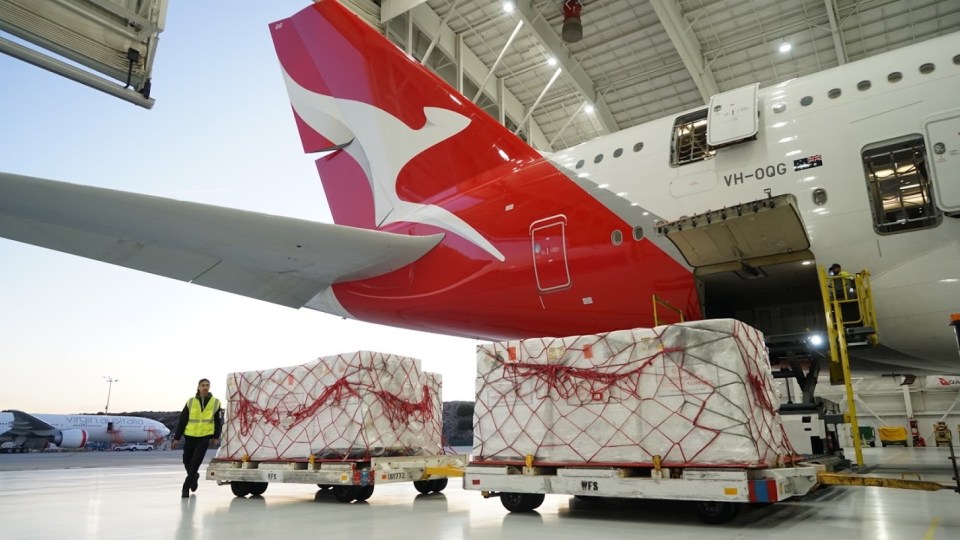 Photo of respirator masks being loaded onto an airplane bound for wildfire-affected areas of Australia