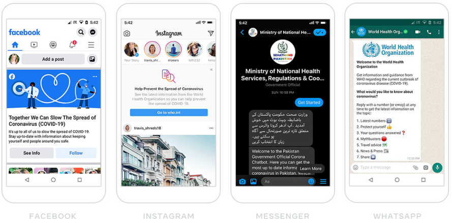 Screenshots of our efforts to connect people to accurate information across Facebook, Instagram, Messenger and WhatsApp
