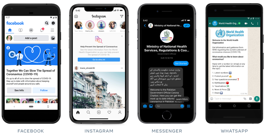 Screenshots of our efforts to connect people to accurate information across Facebook, Instagram, Messenger and WhatsApp