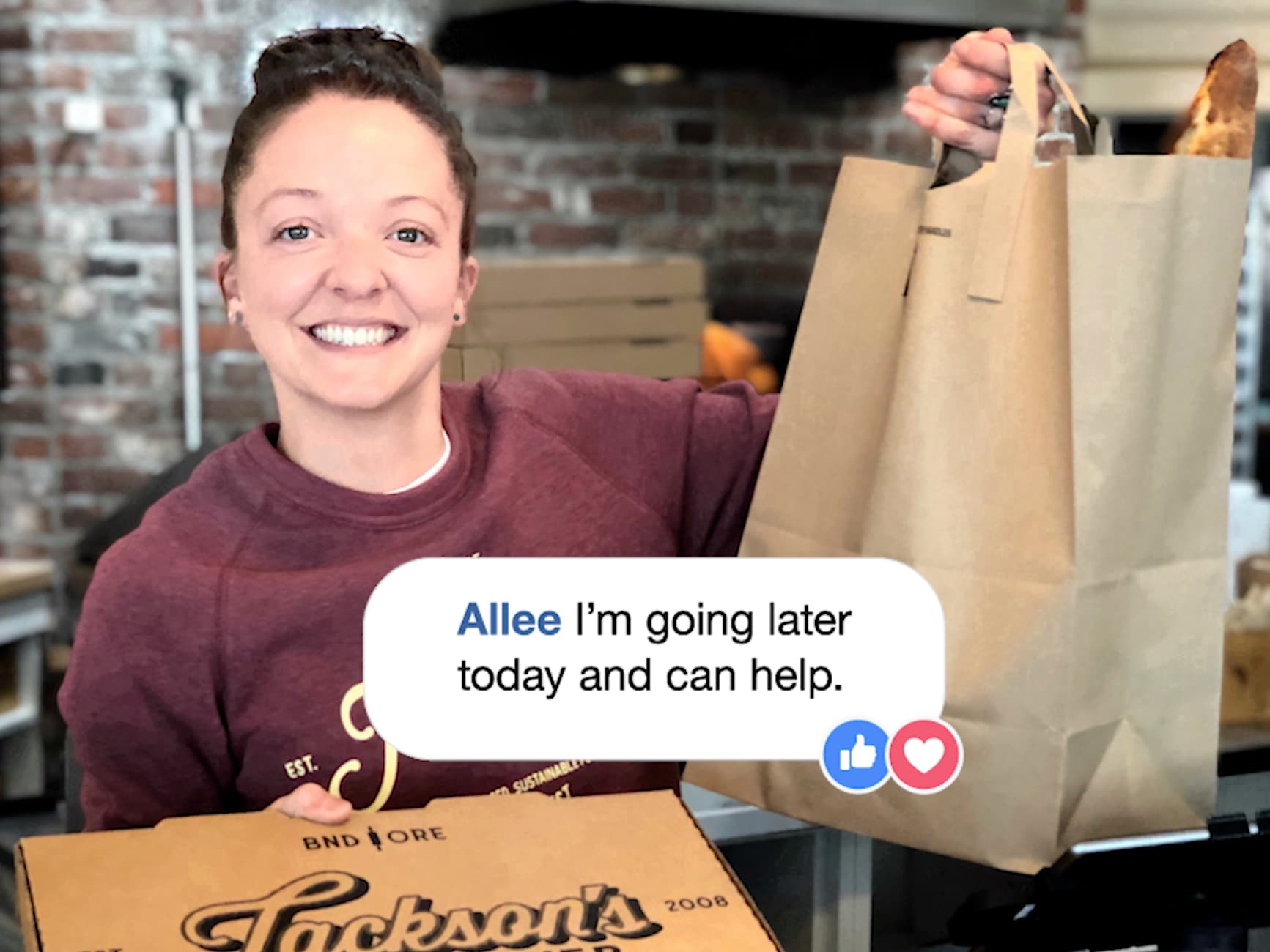 Woman smiles holding paper bag and pizza box with chat bubble which reads Allee: I'm going later today and can help.
