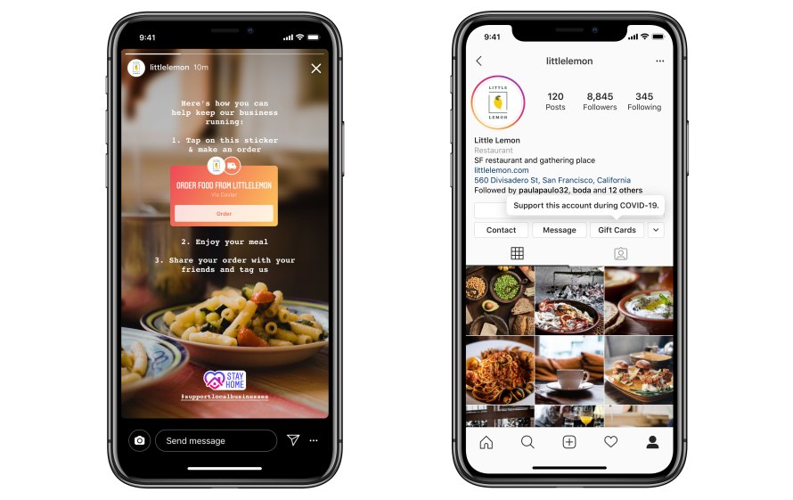 Screenshots of food ordering and gift cards on Instagram