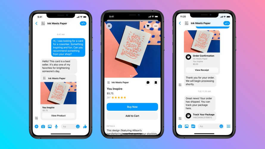 Screenshots of messaging a business on Messenger