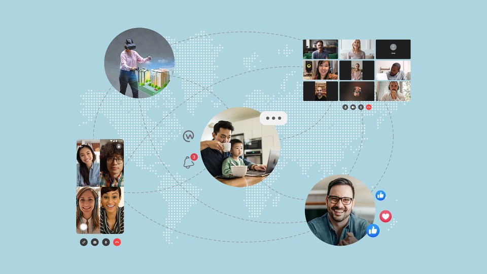 Photos showing people working remotely and staying connected in different ways, such as through Workplace chat, group video calls, Live videos and more.