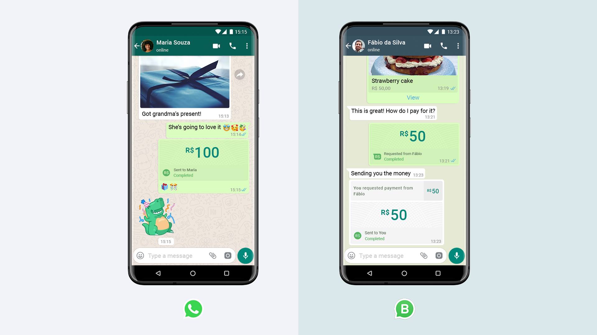 Screenshots of payments in WhatsApp chats between people and with a business