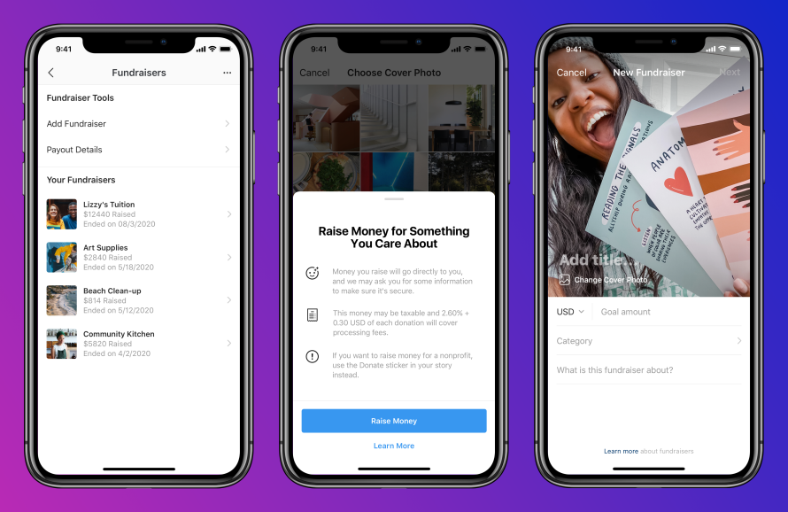 Screenshots of creating a personal fundraiser on Instagram