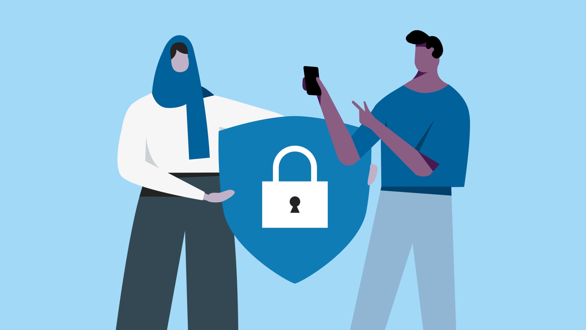  Two people, one holding a phone and the other holding a shield with a lock on it, symbolizing the importance of respecting privacy when taking Instagram screenshots.