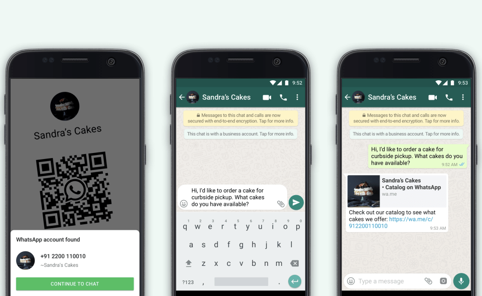 Screenshots of using QR codes to start a chat with a business on WhatsApp