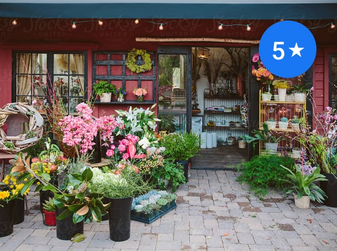 Business storefront highlighting a 5 star rating