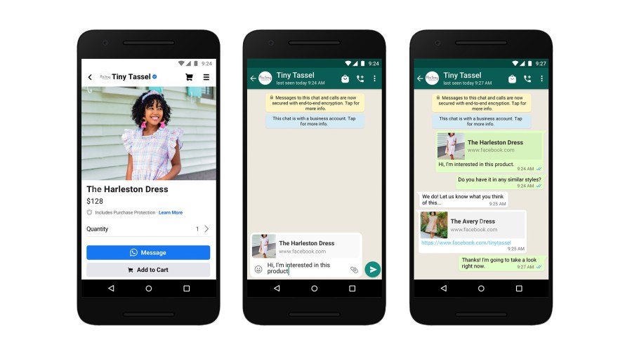 Screenshots of messaging a business on WhatsApp