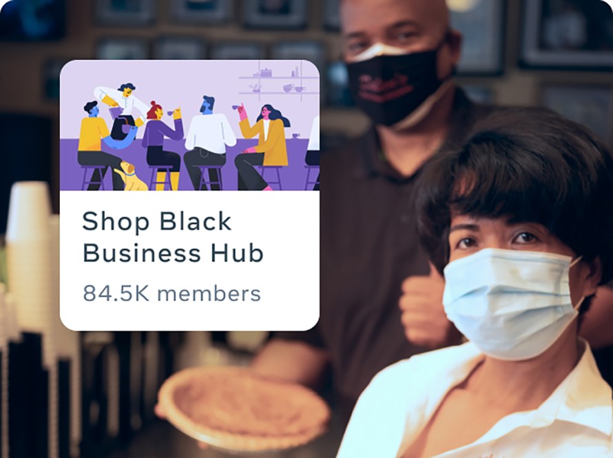 Man and women wearing masks holding pies. Man is wearing black shirt woman wearing white shirt.