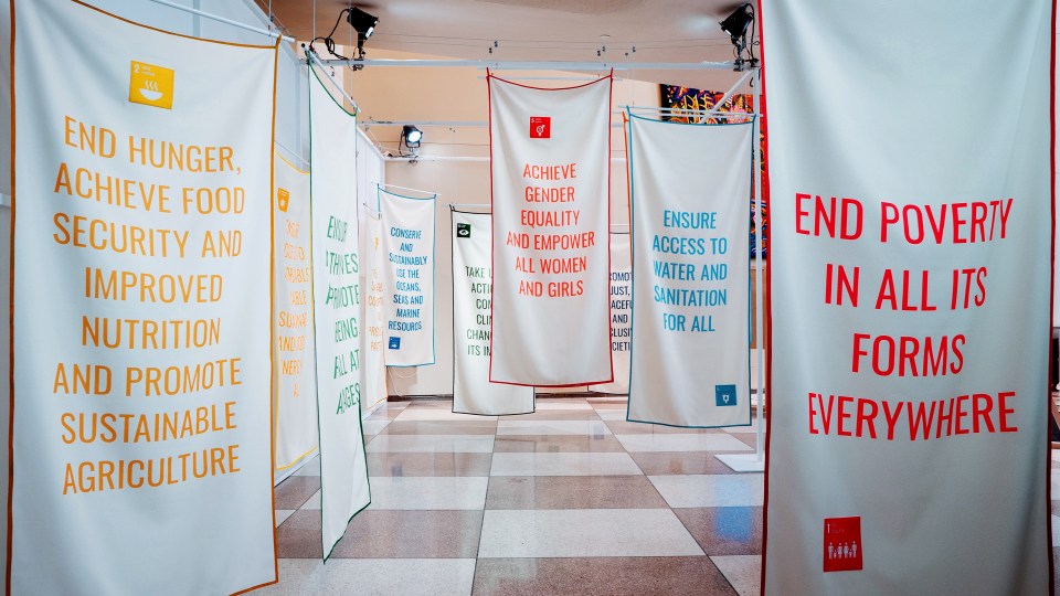 installation at UNGA 74 featuring the 17 Sustainable Development Goals