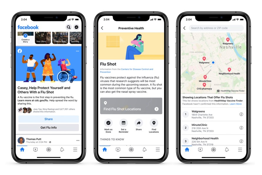 Screenshot of new product features on Facebook to help people get their flu shot