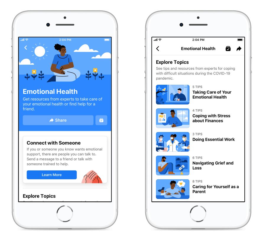 Screenshots of Emotional Health Resource Center in the Facebook app