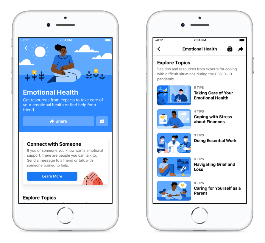 Screenshots of Emotional Health Resource Center in the Facebook app
