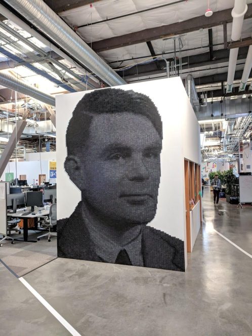 A mural of Alan Turing made out of dominoes at Facebook’s headquarters