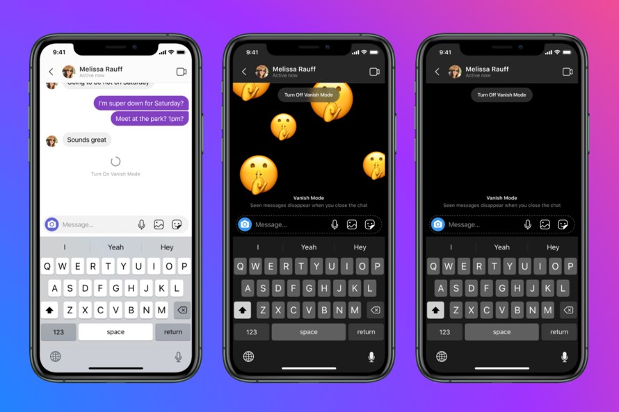 Screenshots of vanish mode on Messenger and Instagram