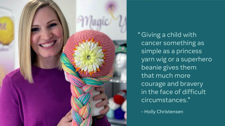 Photo of Holly Christensen posing with a yarn wig next to a quote from Holly