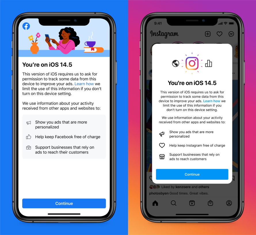 Screenshot of educational screen on Facebook and Instagram on iOS14