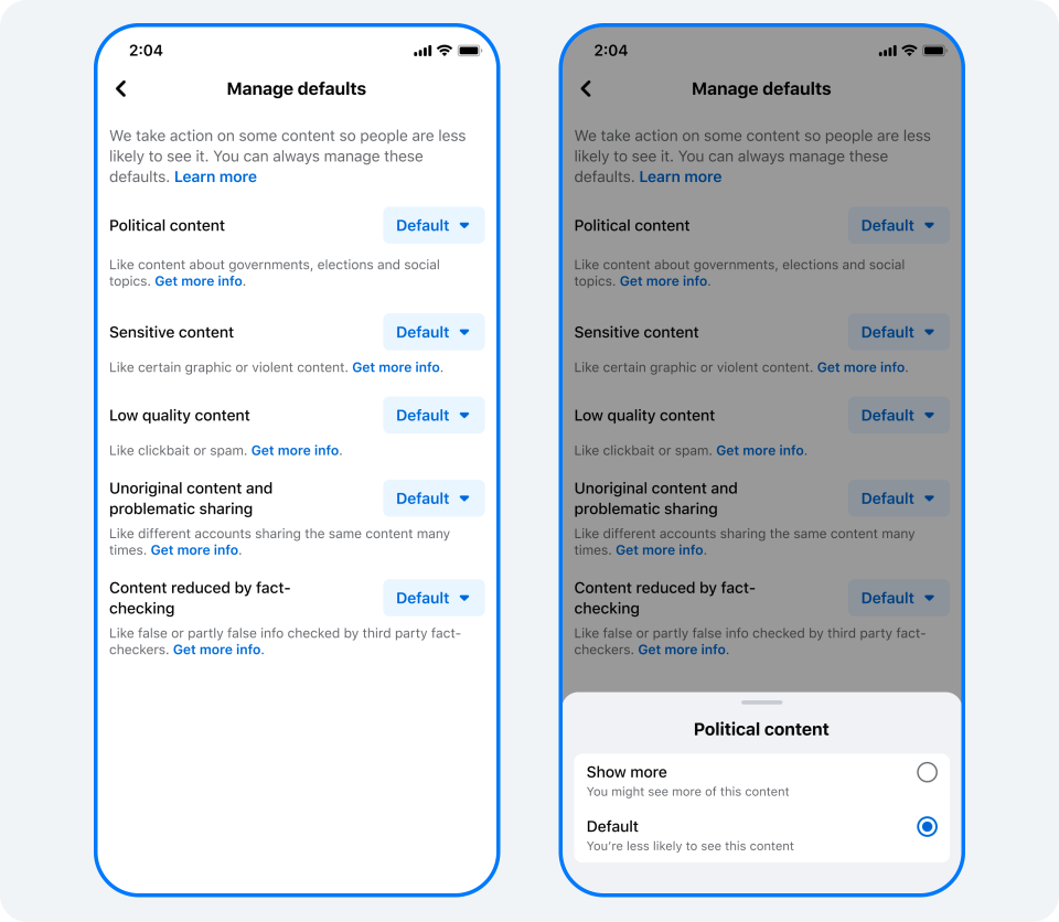 two phone screens showing the Manage Defaults page on Facebook
