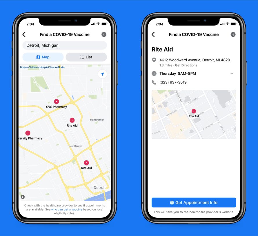 Screenshots of vaccine finder tool on Facebook