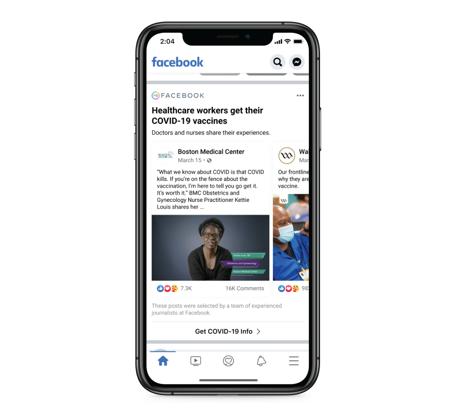 Screenshot of Facebook amplifying content from partners to help increase demand for COVID-19 vaccines