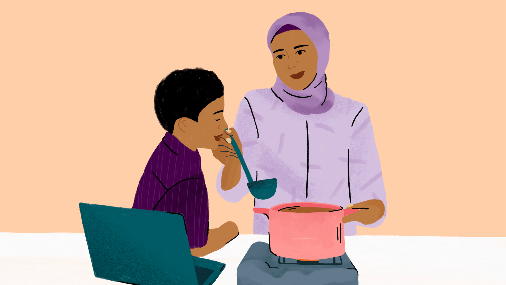 Illustration or a mother and child cooking