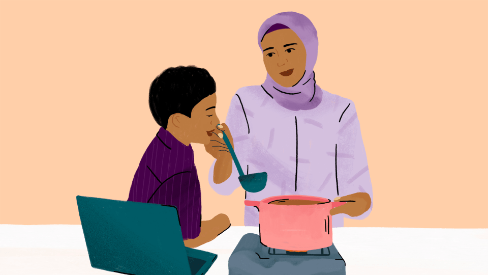 Illustration or a mother and child cooking