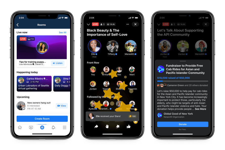 Three phone screens showing elements of the Live Audio Rooms features on Facebook.