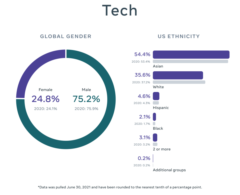 Chart of global gender breakdown and US ethnicity breakdown in Tech