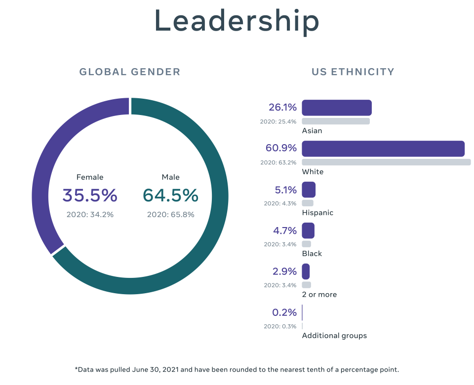 Chart of global gender breakdown and US ethnicity breakdown in Leadership