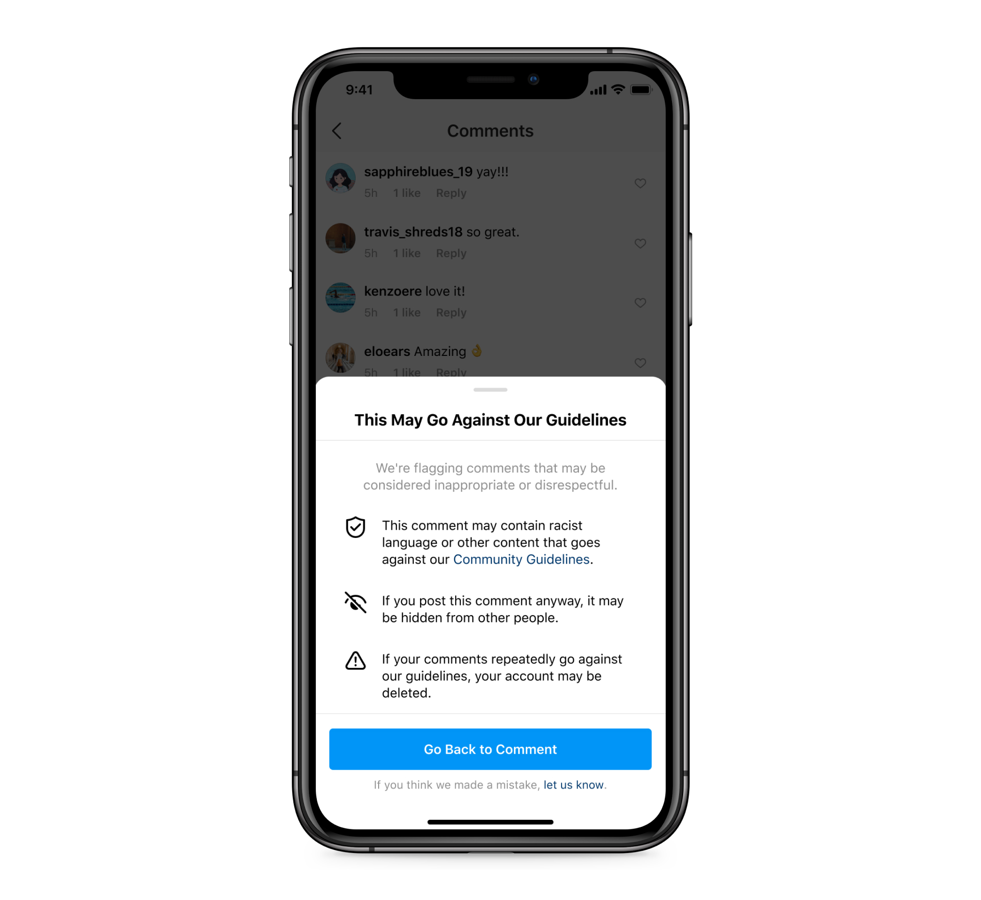 Screenshot of warning when someone tried to post a potentially offensive comment