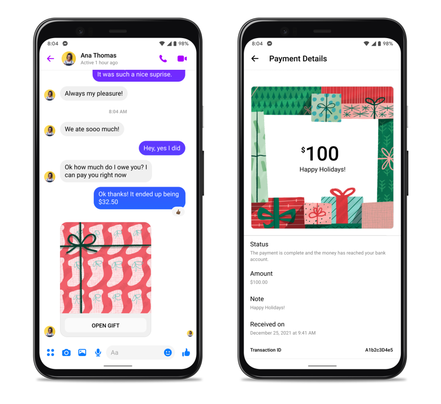 Screenshot of holiday payments on Messenger