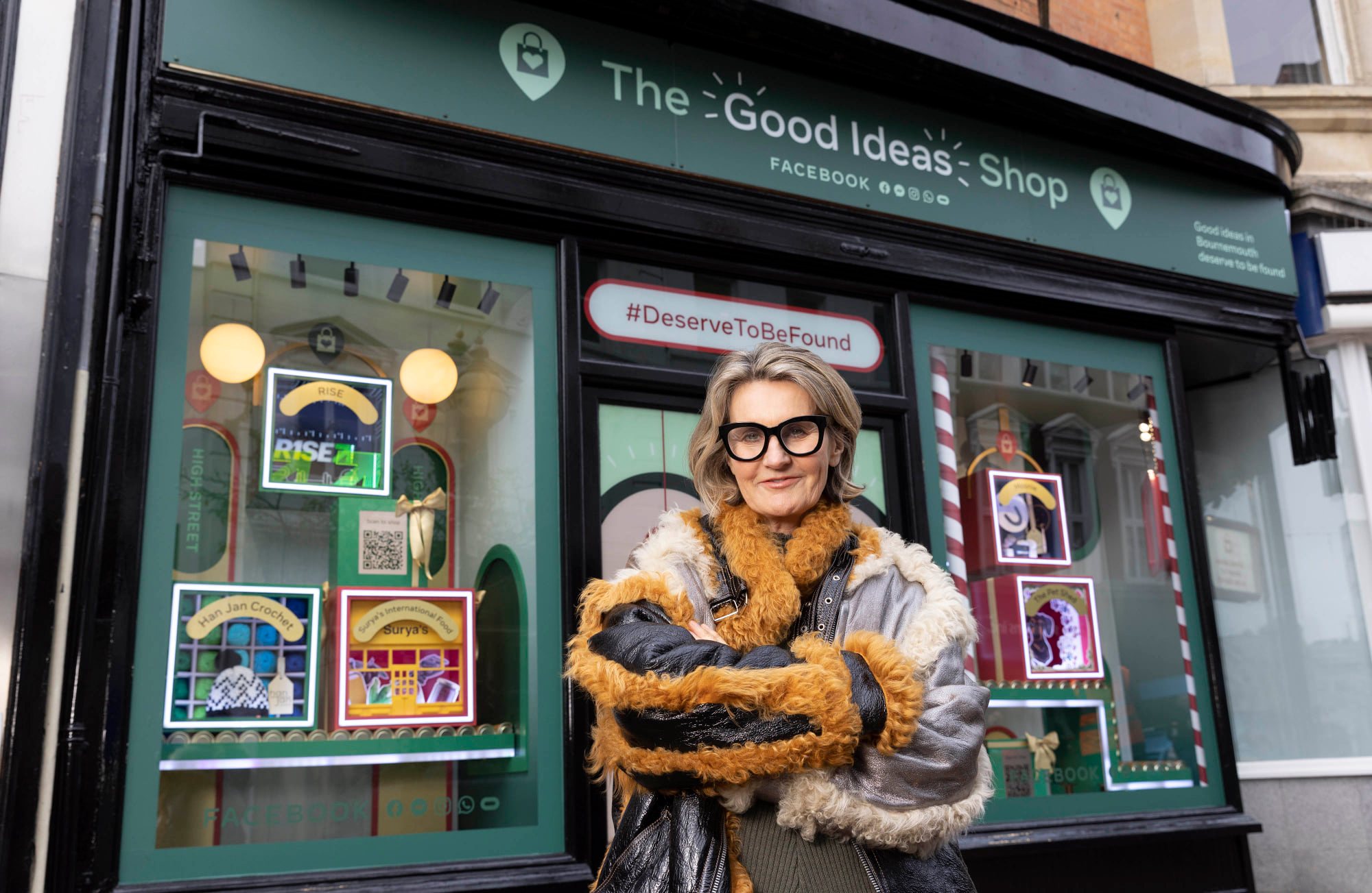 Picture of Mary Portas outside the Godd Ideas shop, a Meta branded retail outlet selling products from SMBs