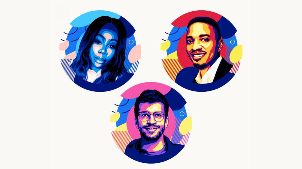 Three illustrations of community leaders from across Europe, Middle East and Africa