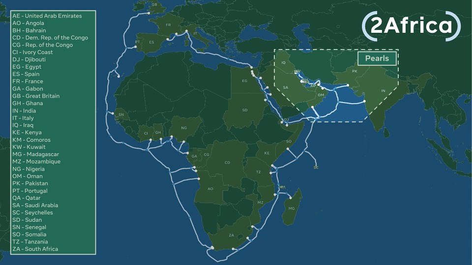 map showing the path of 2Africa subsea cable