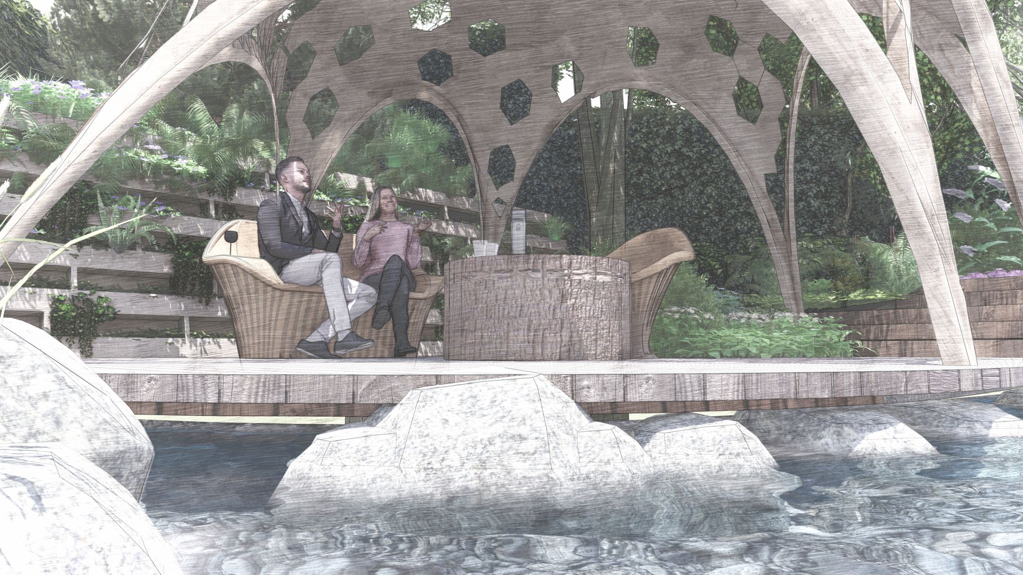 Computer generated visual render of Meta's sponsored garden at RHS Chelsea Flower Show.