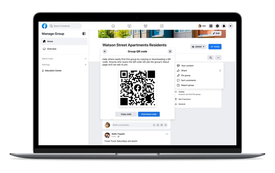 Product mock of QR codes in Facebook Groups